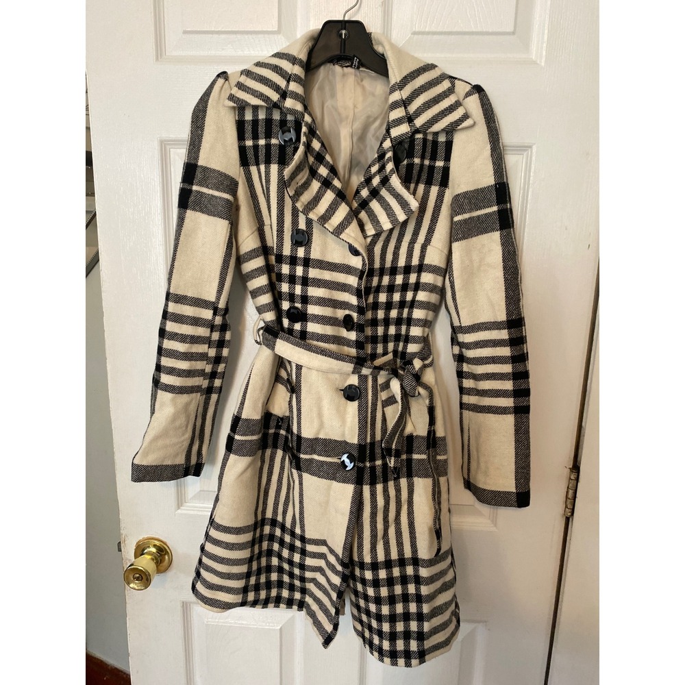 Divided H&M Plaid Wool Blend Trench CoatCream BlackBelted Double Breasted Size 4